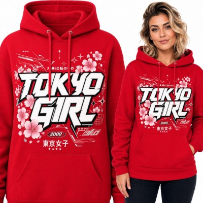 Bluza damska z kapturem - „Tokyo Girl” z kwiatami sakury