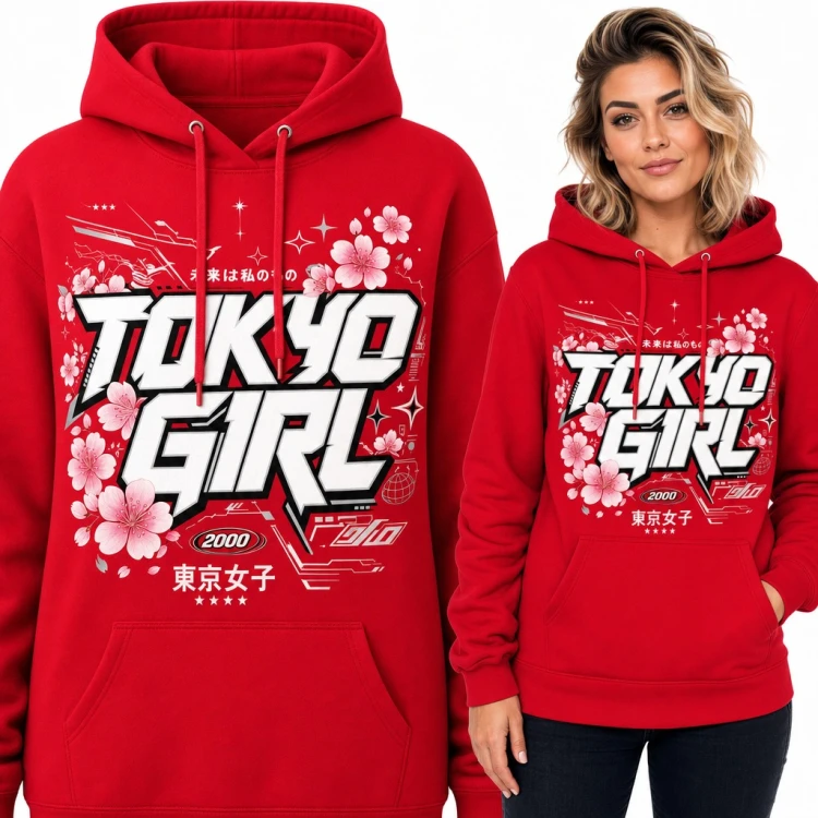 Bluza damska z kapturem - „Tokyo Girl” z kwiatami sakury