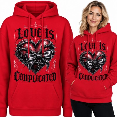 Bluza damska z kapturem - gotyckie serce w drucie kolczastym z kokardą „Love is complicated”