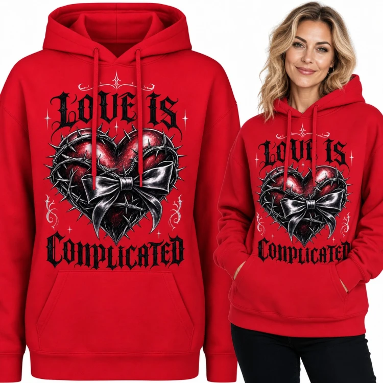 Bluza damska z kapturem - gotyckie serce w drucie kolczastym z kokardą „Love is complicated”