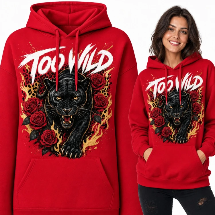 Bluza damska z kapturem - czarna pantera wśród róż i napis „Too Wild”