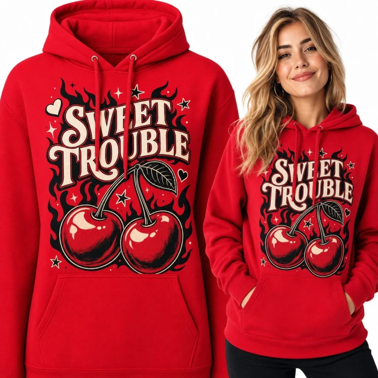 Bluza damska z kapturem - wiśnie w płomieniach i napis „Sweet Trouble”
