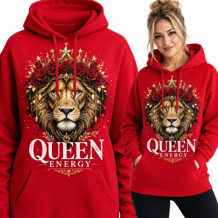 Bluza damska z kapturem - lew w złotej koronie z różami „Queen Energy”