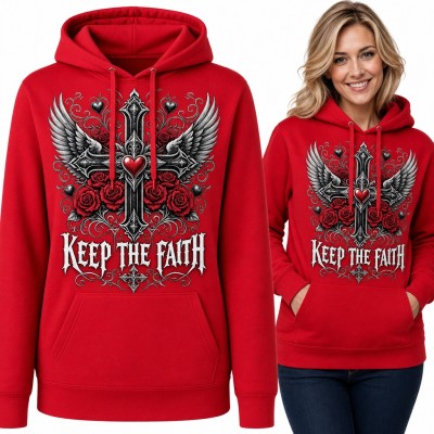 Bluza damska z kapturem - gotycki krzyż ze skrzydłami i różami „Keep the faith”