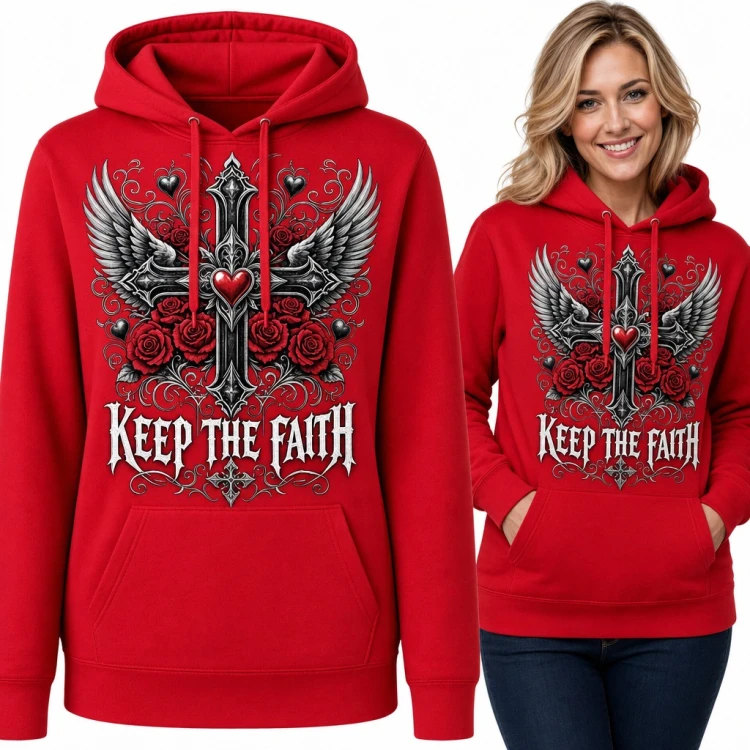Bluza damska z kapturem - gotycki krzyż ze skrzydłami i różami „Keep the faith”