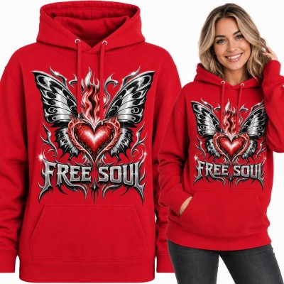 Bluza damska z kapturem - „Free soul” z płonącym sercem i skrzydłami motyla