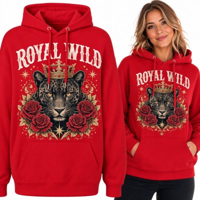 Bluza damska z kapturem - czarna pantera w koronie i róże „Royal Wild”