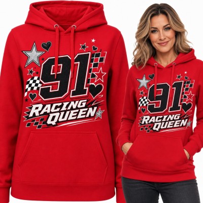 Bluza damska z kapturem „91 Racing Queen” - wyścigowa szachownica, gwiazdy i serca