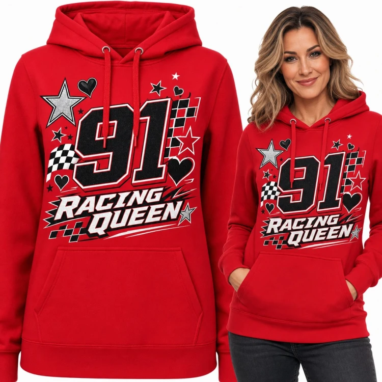Bluza damska z kapturem „91 Racing Queen” - wyścigowa szachownica, gwiazdy i serca