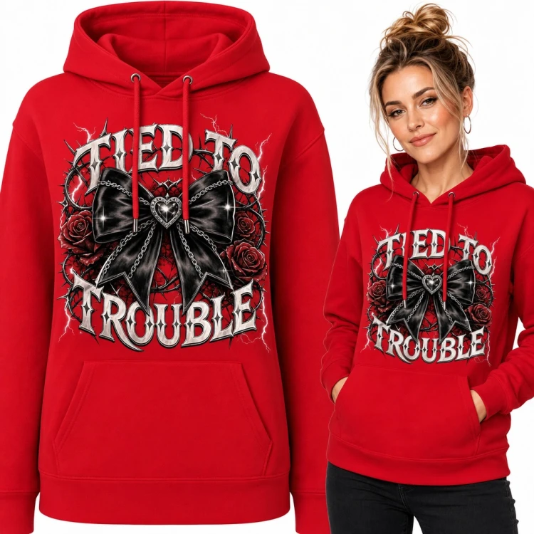 Bluza damska z kapturem - gotycka czarna kokarda z sercem i różami „Tied to Trouble”