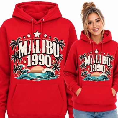 Bluza damska z kapturem „Malibu 1990” - kalifornijska plaża z palmami i falami