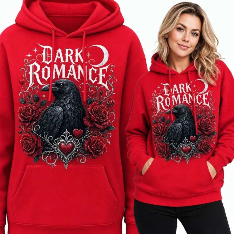 Bluza damska z kapturem - kruk w czerwonych różach „Dark Romance” z gotyckim sercem