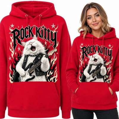 Bluza damska z kapturem „Rock Kitty” - biały kot z gitarą elektryczną w płomieniach
