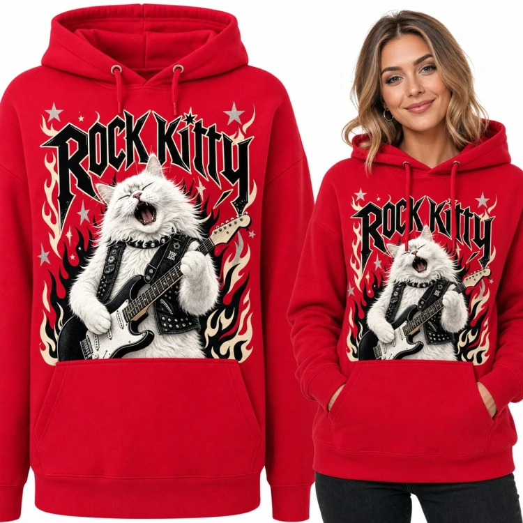 Bluza damska z kapturem „Rock Kitty” - biały kot z gitarą elektryczną w płomieniach