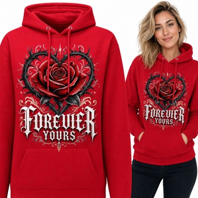 Bluza damska z kapturem - róża w sercu z cierni i gotycki napis „Forever Yours”