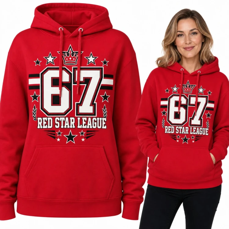 Bluza damska z kapturem „67 Red Star League” - college z koroną i gwiazdami
