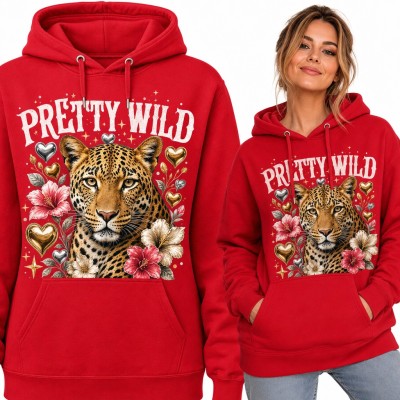 Bluza damska z kapturem - lampart w kwiatach i złotych sercach „Pretty wild”