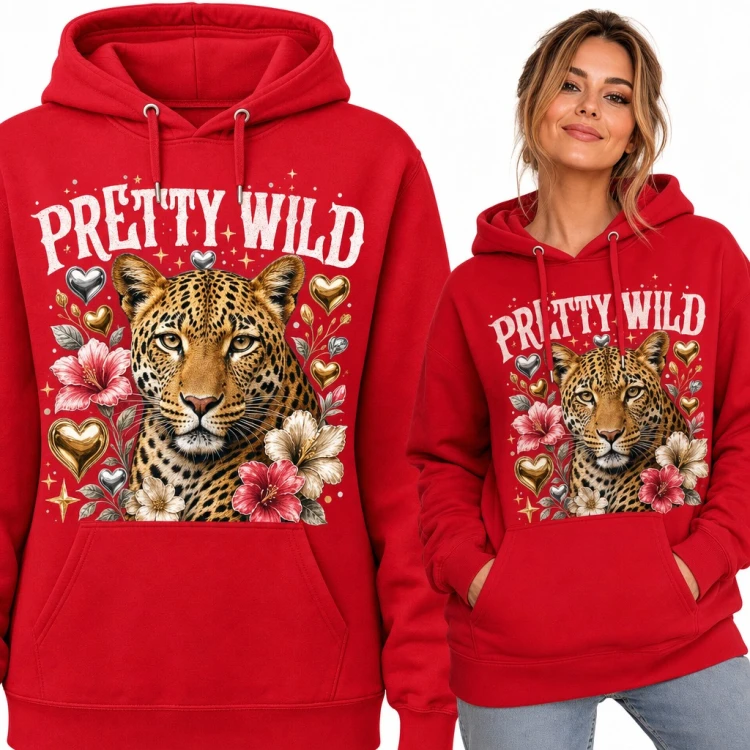 Bluza damska z kapturem - lampart w kwiatach i złotych sercach „Pretty wild”