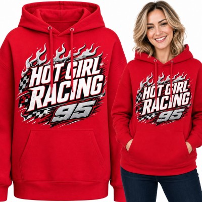 Bluza damska z kapturem „Hot Girl Racing 95” - wyścigowe płomienie i flaga w szachownicę