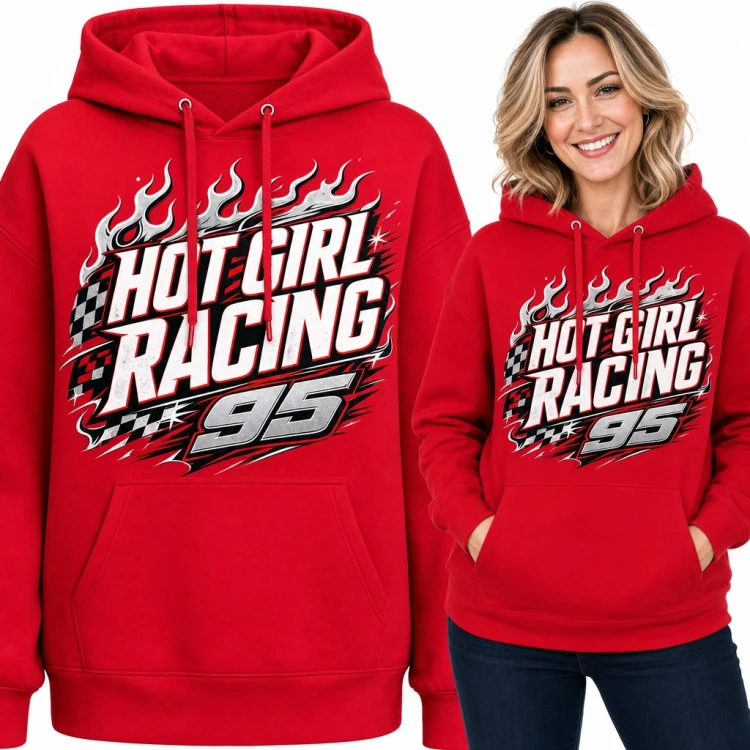 Bluza damska z kapturem „Hot Girl Racing 95” - wyścigowe płomienie i flaga w szachownicę