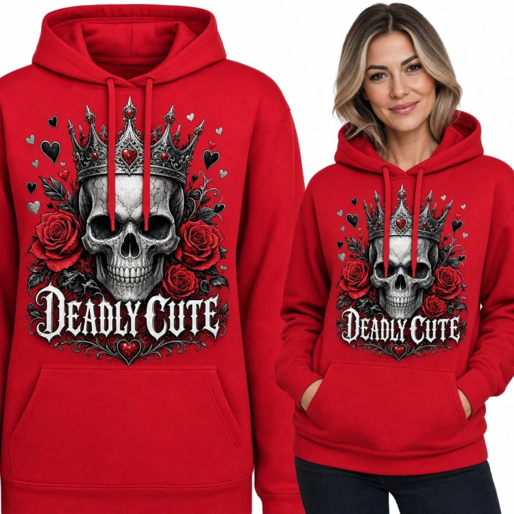 Bluza damska z kapturem - czaszka w koronie z różami „Deadly cute”