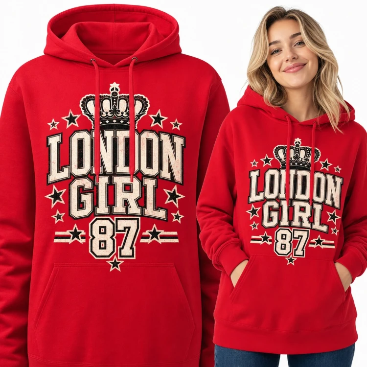 Bluza damska z kapturem „London Girl 87” - korona i gwiazdy w stylu college