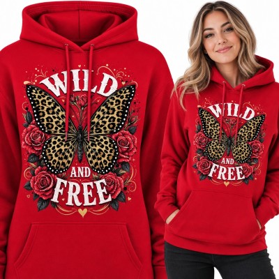 Bluza damska z kapturem - motyl w panterkę wśród róż „Wild and free”