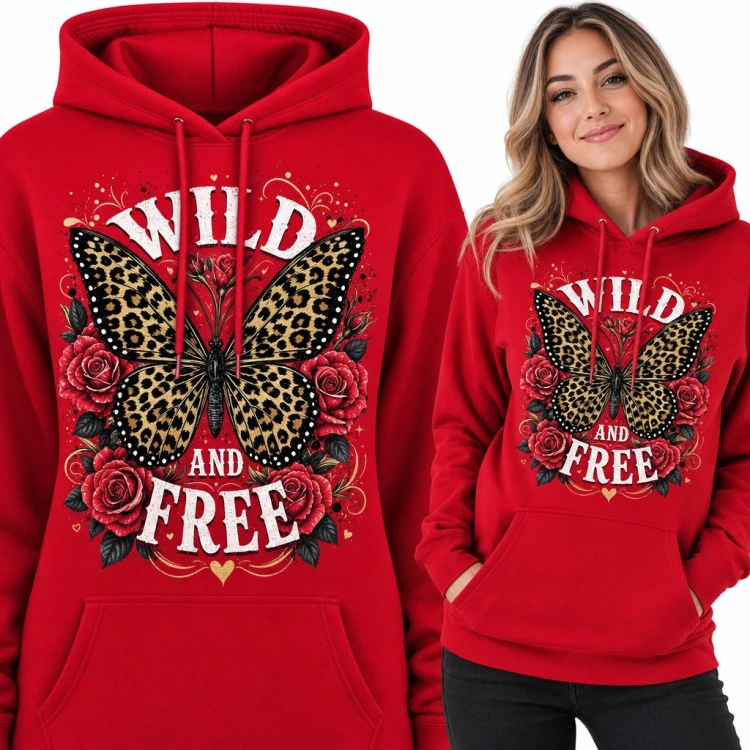 Bluza damska z kapturem - motyl w panterkę wśród róż „Wild and free”
