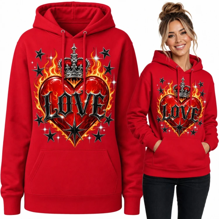 Bluza damska z kapturem - płonące serce z koroną i napisem „Love” w gotyckim stylu