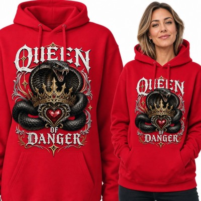 Bluza damska z kapturem - kobra z koroną i rubinowym sercem „Queen of Danger”