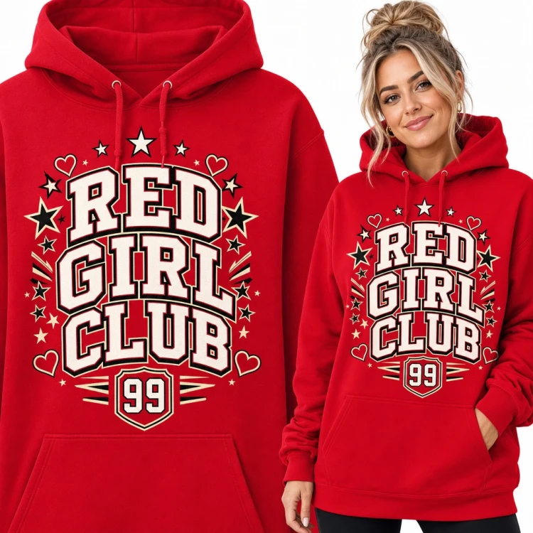 Bluza damska z kapturem - „Red girl club” w stylu varsity z numerem 99