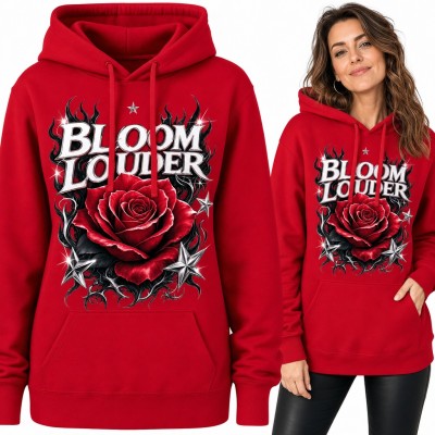 Bluza damska z kapturem - róża w kolcach i gwiazdach „Bloom Louder”
