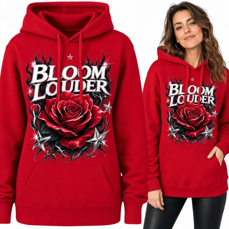 Bluza damska z kapturem - róża w kolcach i gwiazdach „Bloom Louder”