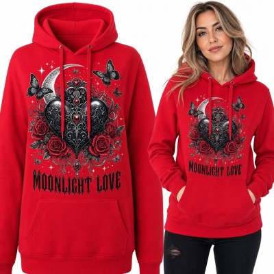 Bluza damska z kapturem - gotyckie serce z różami i motylami „Moonlight Love”
