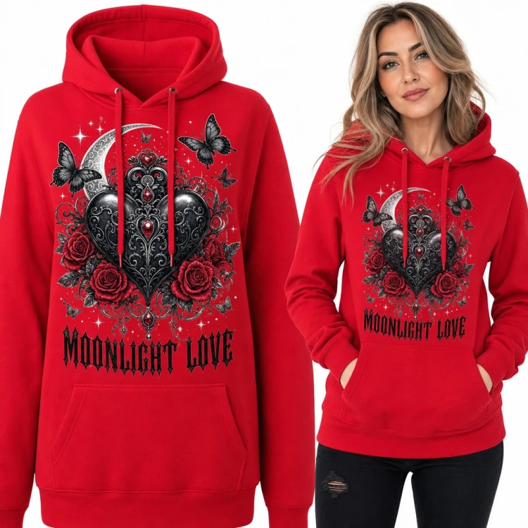 Bluza damska z kapturem - gotyckie serce z różami i motylami „Moonlight Love”