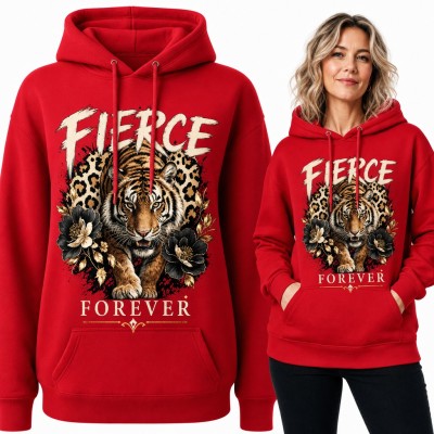 Bluza damska z kapturem - tygrys na panterce i czarne kwiaty „Fierce forever”