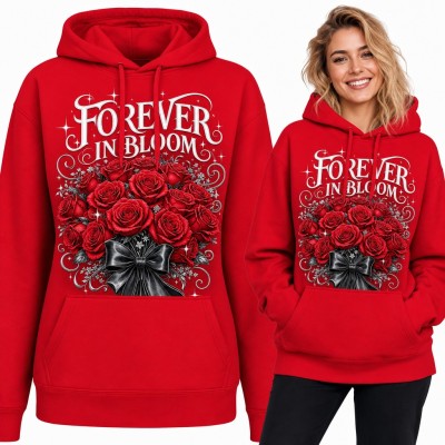 Bluza damska z kapturem - bukiet czerwonych róż z kokardą „Forever in Bloom”