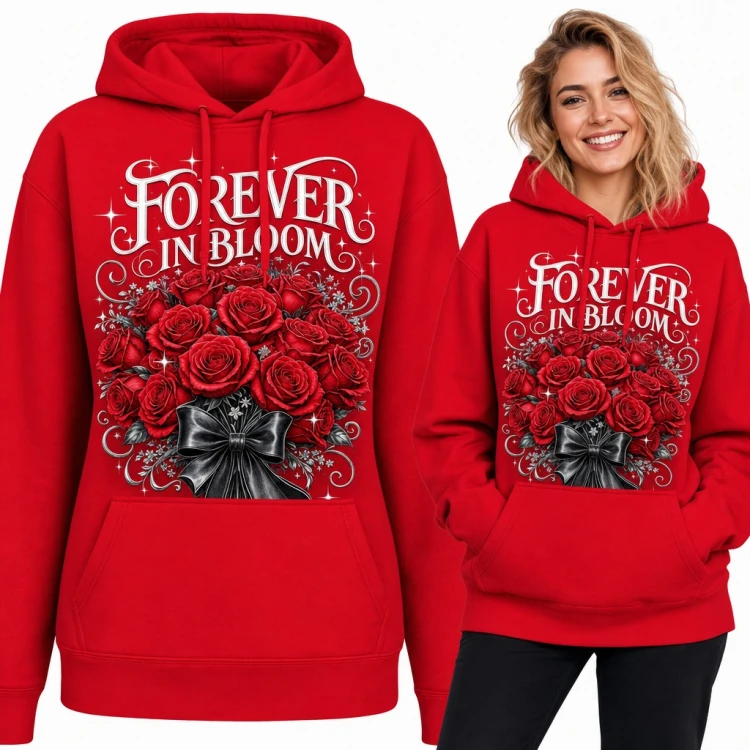 Bluza damska z kapturem - bukiet czerwonych róż z kokardą „Forever in Bloom”