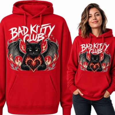 Bluza damska z kapturem - czarny kot ze skrzydłami nietoperza „Bad Kitty Club”