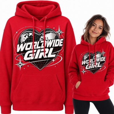 Bluza damska z kapturem „Worldwide Girl” - serce z mapą świata w stylu Y2K