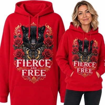 Bluza damska z kapturem - czarna pantera z motylem i różami „Fierce and free”