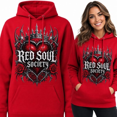 Bluza damska z kapturem „Red Soul Society” - gotyckie serce w koronie z różami