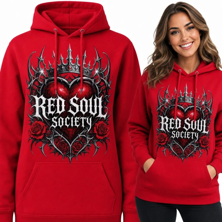 Bluza damska z kapturem „Red Soul Society” - gotyckie serce w koronie z różami
