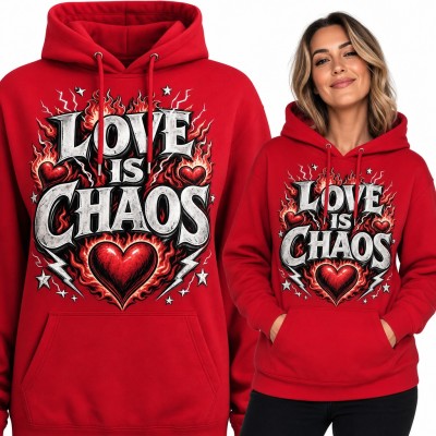 Bluza damska z kapturem - „Love is chaos” z płonącym sercem i błyskawicami