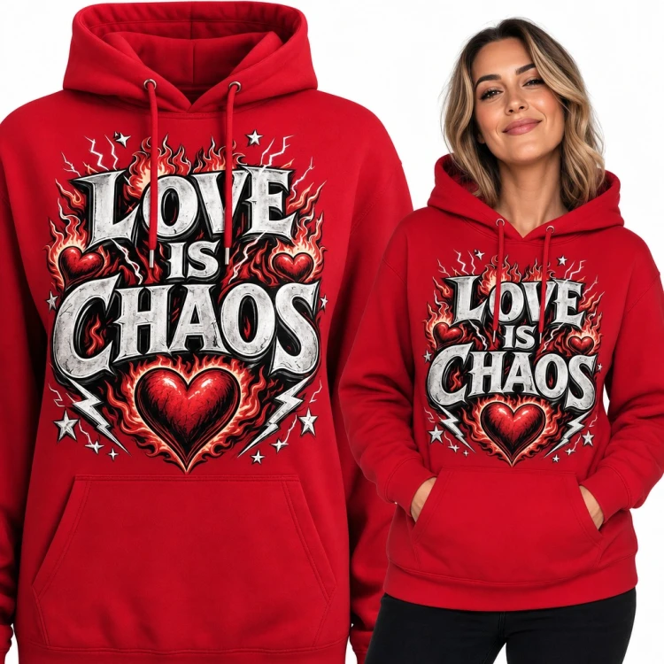 Bluza damska z kapturem - „Love is chaos” z płonącym sercem i błyskawicami