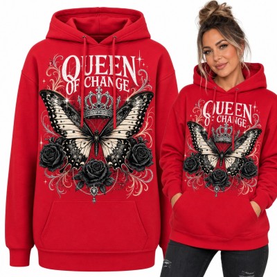 Bluza damska z kapturem „Queen of Change” - motyl w koronie i czarne róże