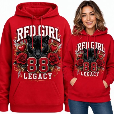 Bluza damska z kapturem - czarna pantera z różami i sercami „Red girl 88 legacy”