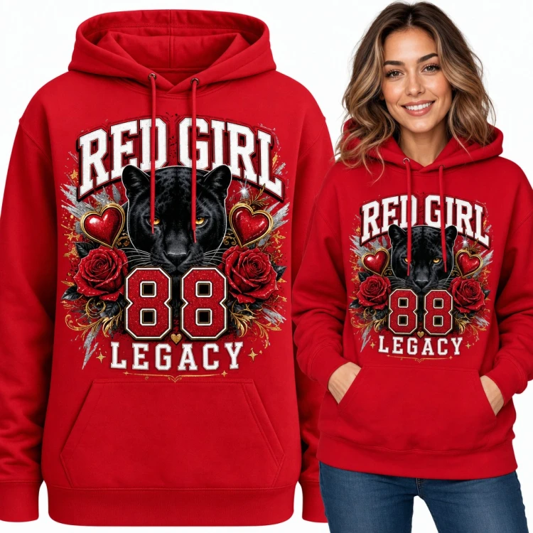 Bluza damska z kapturem - czarna pantera z różami i sercami „Red girl 88 legacy”