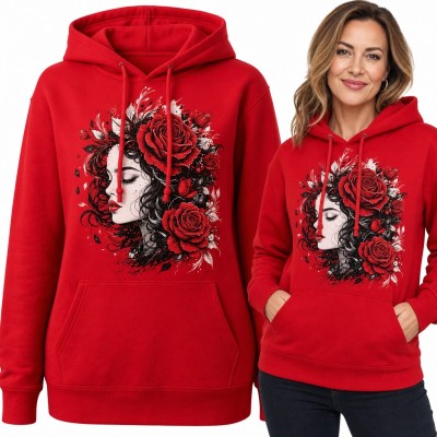 Bluza damska z kapturem - profil kobiety wśród czerwonych róż