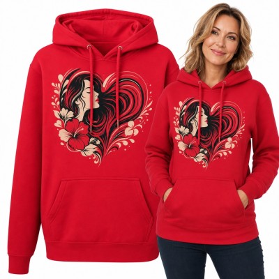Bluza damska z kapturem - kobieta z długimi włosami w sercu z hibiskusem